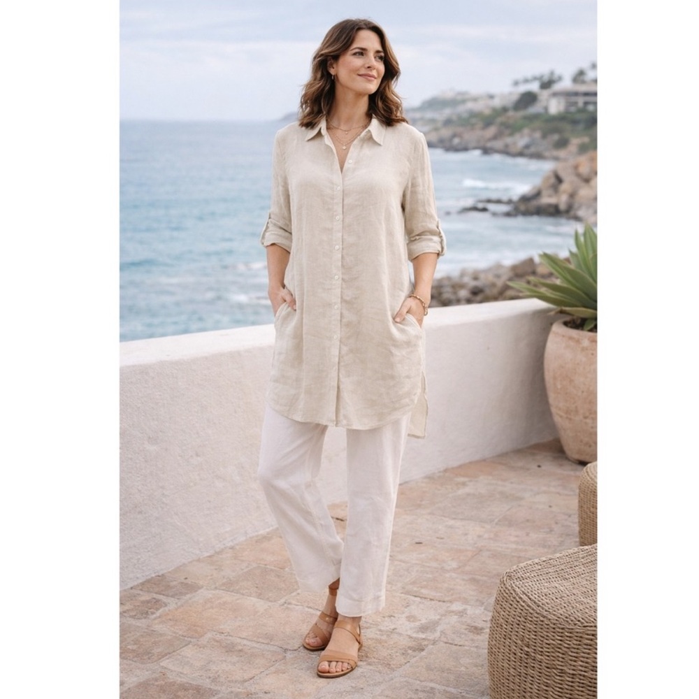 Tahari Light Beige 100% Linen Tunic Top Button-Up size XL